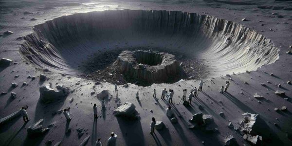 A high-definition, lifelike image of an enigmatic crater that has sparked scientific intrigue. The scene is set in a vast, desolate landscape. At the center stands a massive, irregularly shaped pit with steep cliff-like edges; its depth unfathomable, cloaked in shadows. Around the crater, debris and shattered rocks, remnants of the impacting event, are scattered. A team of multi-racial, multi-gender scientists are investigating the site, equipped with scientific instruments, taking measurements and observations, their faces filled with curiosity and determination.