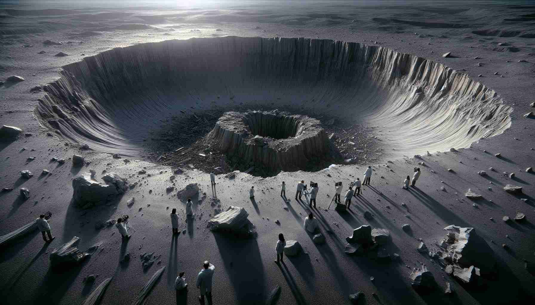 A high-definition, lifelike image of an enigmatic crater that has sparked scientific intrigue. The scene is set in a vast, desolate landscape. At the center stands a massive, irregularly shaped pit with steep cliff-like edges; its depth unfathomable, cloaked in shadows. Around the crater, debris and shattered rocks, remnants of the impacting event, are scattered. A team of multi-racial, multi-gender scientists are investigating the site, equipped with scientific instruments, taking measurements and observations, their faces filled with curiosity and determination.