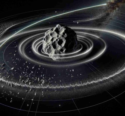 Generate a realistic high definition image representing the effects of unlikely collisions on the trajectory of the Apophis asteroid. Show a visual trajectory line depicting its original path and wavering lines showing changes after collisions. The asteroid should be detailed with a rough, gray, pockmarked surface. Around it, space should be depicted in its vast black expanse glittering with distant stars. Some debris should be scattered around it as a result of the collisions, and radiating waves to demonstrate the force of impacts. Please include a small drawn schematic at one corner of the image depicting the forces at play during these collisions.