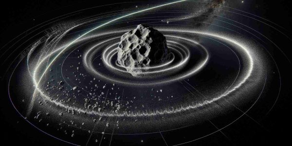 Generate a realistic high definition image representing the effects of unlikely collisions on the trajectory of the Apophis asteroid. Show a visual trajectory line depicting its original path and wavering lines showing changes after collisions. The asteroid should be detailed with a rough, gray, pockmarked surface. Around it, space should be depicted in its vast black expanse glittering with distant stars. Some debris should be scattered around it as a result of the collisions, and radiating waves to demonstrate the force of impacts. Please include a small drawn schematic at one corner of the image depicting the forces at play during these collisions.