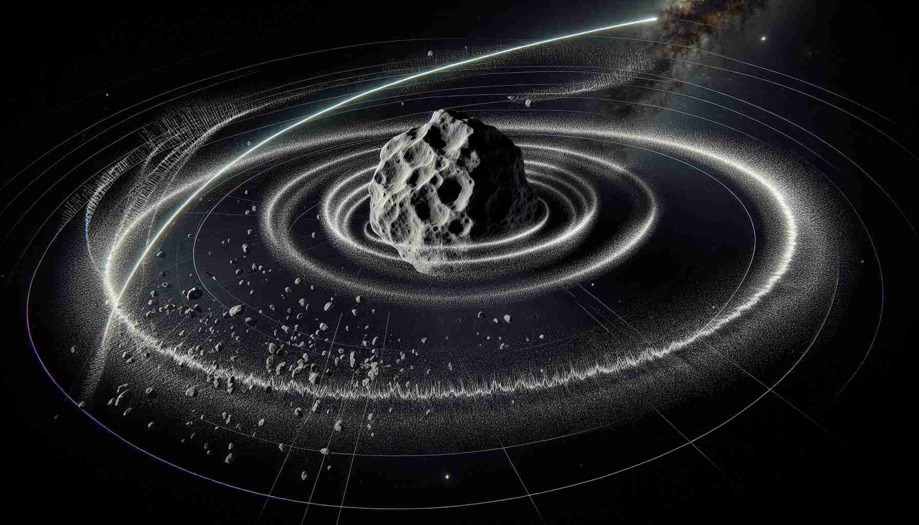 Generate a realistic high definition image representing the effects of unlikely collisions on the trajectory of the Apophis asteroid. Show a visual trajectory line depicting its original path and wavering lines showing changes after collisions. The asteroid should be detailed with a rough, gray, pockmarked surface. Around it, space should be depicted in its vast black expanse glittering with distant stars. Some debris should be scattered around it as a result of the collisions, and radiating waves to demonstrate the force of impacts. Please include a small drawn schematic at one corner of the image depicting the forces at play during these collisions.