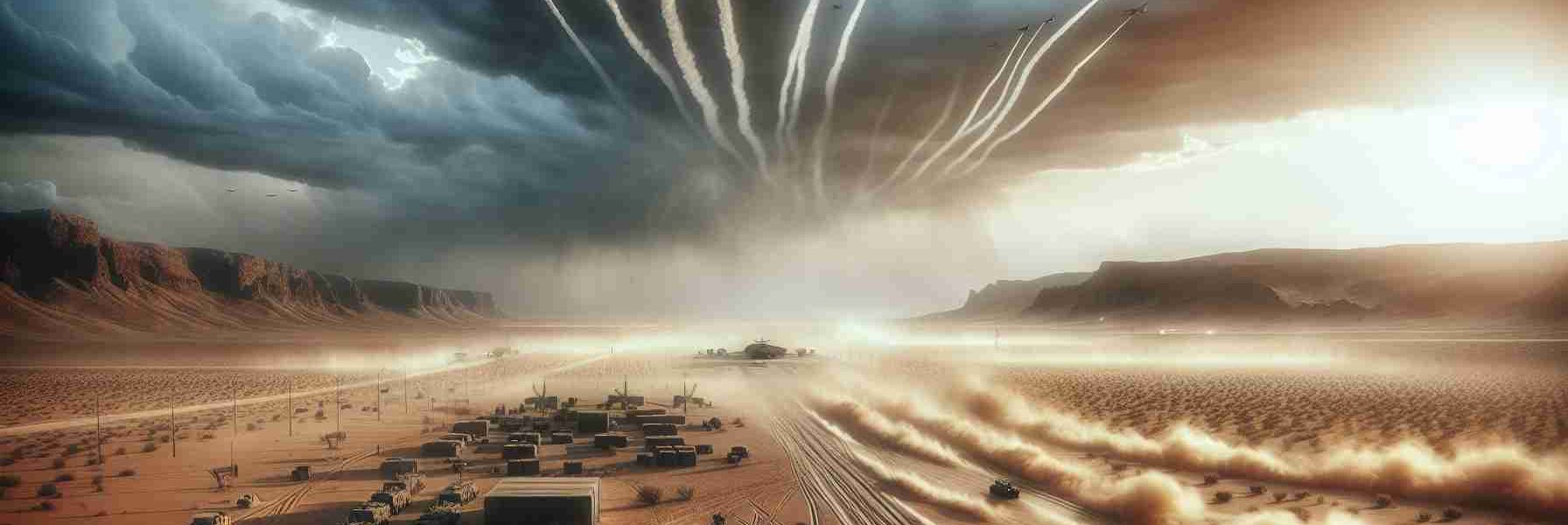 A realistic high-definition image representing military action response: A desert landscape underneath a stormy sky. A military base from an unspecified country in the middle distance appears to be ramping up for action - dust swirling around as vehicles begin to move. In the sky, we see the vapor trails of recently launched jets. There is tension in the air but also a sense of readiness. Please avoid any specific uniforms, flags, insignia, or identifiable markings to respect neutrality.