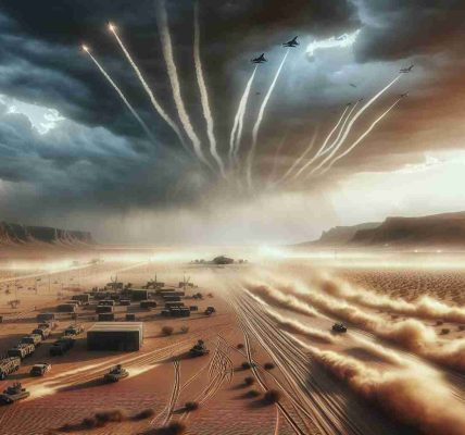 A realistic high-definition image representing military action response: A desert landscape underneath a stormy sky. A military base from an unspecified country in the middle distance appears to be ramping up for action - dust swirling around as vehicles begin to move. In the sky, we see the vapor trails of recently launched jets. There is tension in the air but also a sense of readiness. Please avoid any specific uniforms, flags, insignia, or identifiable markings to respect neutrality.