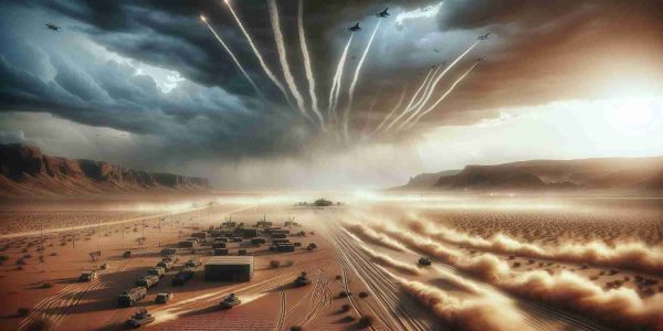 A realistic high-definition image representing military action response: A desert landscape underneath a stormy sky. A military base from an unspecified country in the middle distance appears to be ramping up for action - dust swirling around as vehicles begin to move. In the sky, we see the vapor trails of recently launched jets. There is tension in the air but also a sense of readiness. Please avoid any specific uniforms, flags, insignia, or identifiable markings to respect neutrality.