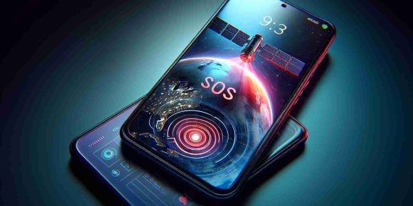 A highly realistic and detailed image showcasing the newest advancement in smartphone technology. Pictured is a generic, cutting-edge device, not specific to any brand. Its standout attribute is the Satellite SOS feature. This unique capability is graphically represented by an icon on the smartphone's crisp, vibrant screen. The icon could be a satellite circling the globe while beneath, an SOS signal flashes. The atmosphere reflects the excitement and progression of modern technology, hinting at the limitless possibilities that this new feature might unlock.