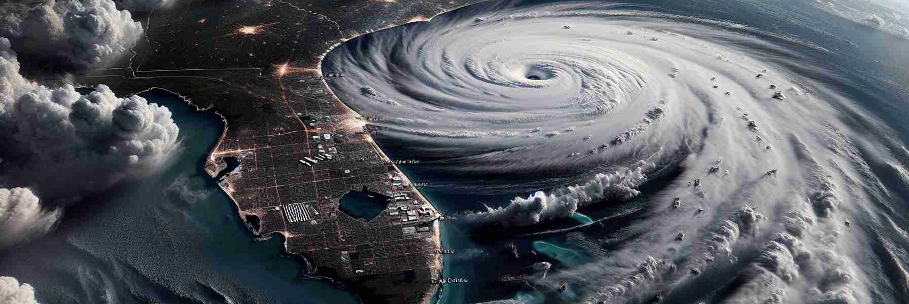 A high definition realistic depiction of a large hurricane named Milton looming over the coastal region, with the state of Florida preparing for its imminent arrival. The satellite view reveals the hurricane's large scale and intricate cloud details. Buildings and structures in Florida depict signs of preparations for the storm, such as boarded windows and sandbags. Dark storm clouds fill the sky, creating a powerful, ominous atmosphere.