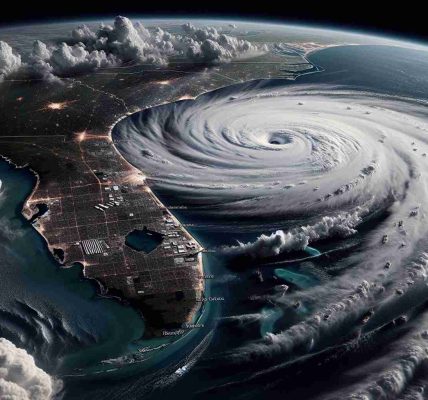 A high definition realistic depiction of a large hurricane named Milton looming over the coastal region, with the state of Florida preparing for its imminent arrival. The satellite view reveals the hurricane's large scale and intricate cloud details. Buildings and structures in Florida depict signs of preparations for the storm, such as boarded windows and sandbags. Dark storm clouds fill the sky, creating a powerful, ominous atmosphere.