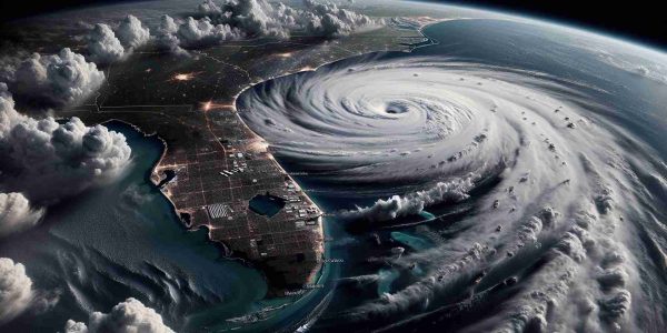 A high definition realistic depiction of a large hurricane named Milton looming over the coastal region, with the state of Florida preparing for its imminent arrival. The satellite view reveals the hurricane's large scale and intricate cloud details. Buildings and structures in Florida depict signs of preparations for the storm, such as boarded windows and sandbags. Dark storm clouds fill the sky, creating a powerful, ominous atmosphere.