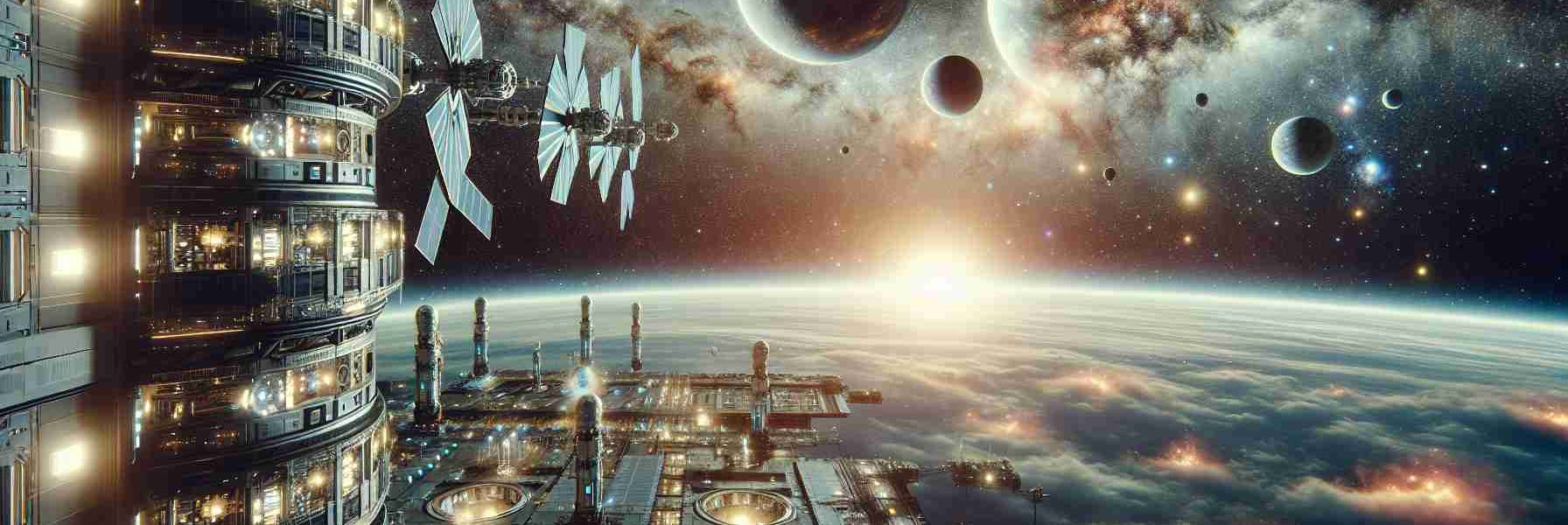 A highly detailed and realistic image portraying an imagining of 'Beyond the Stars'. Picture a thriving space station, a multi-platform setup suggesting various launch services. Integrated into the scene are advanced technology and futuristic designs. Distant planets, galaxies, and numerous stars stretch far into the backdrop, serving as a stunning view while reminding us of the vastness of the universe. The scene is lit partially by the warm glow of a nearby star, offering a hint of ethereal beauty, and partially by the cold, artificial lights of the space station, giving it a technological edge.