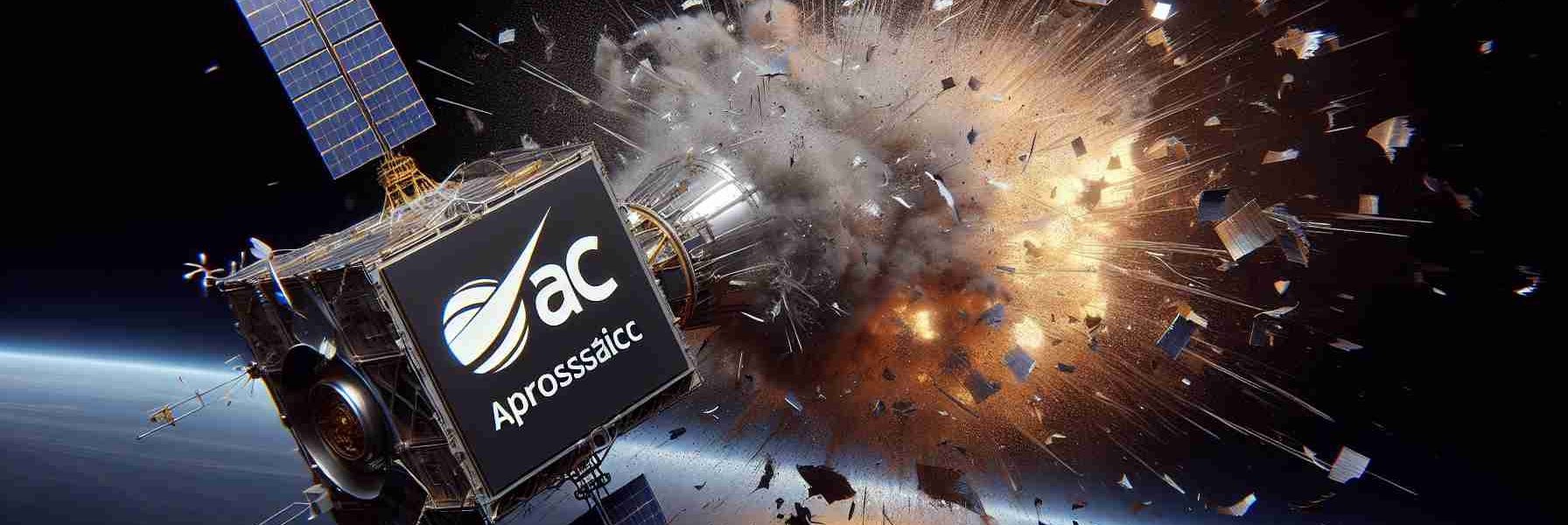 A realistic, high definition image of a generic satellite exploding in space, littering multiple debris around. The logo of a fictitious aerospace technology company is emblazened on its side. The scene raises concerns about the safety measures of such technology companies.