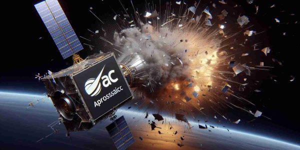 A realistic, high definition image of a generic satellite exploding in space, littering multiple debris around. The logo of a fictitious aerospace technology company is emblazened on its side. The scene raises concerns about the safety measures of such technology companies.