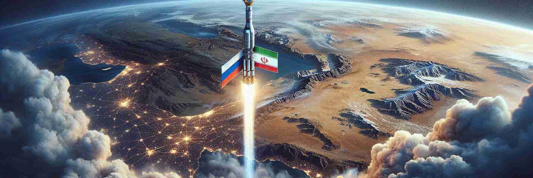 A detailed and high-resolution image representing the strengthening of space cooperation between Iran and Russia, symbolized by the launch of a satellite. Depict a satellite ascending into the sky, leaving a trail of smoke behind. Overlook a landscape that blends characteristics of both Iranian and Russian geography. The satellite is clearly marked with both countries' flags to symbolize their joint venture. The image focuses on the collaborative nature of this international partnership, rather than individual nations.