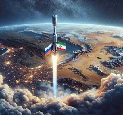 A detailed and high-resolution image representing the strengthening of space cooperation between Iran and Russia, symbolized by the launch of a satellite. Depict a satellite ascending into the sky, leaving a trail of smoke behind. Overlook a landscape that blends characteristics of both Iranian and Russian geography. The satellite is clearly marked with both countries' flags to symbolize their joint venture. The image focuses on the collaborative nature of this international partnership, rather than individual nations.