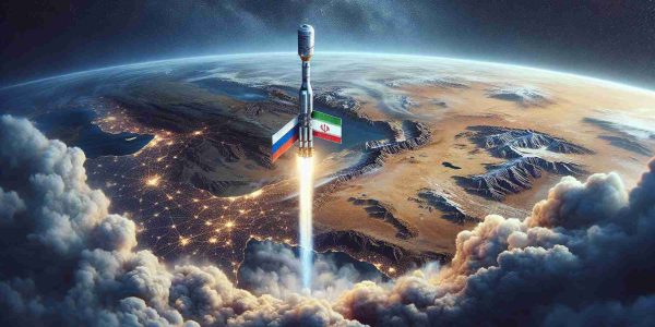 A detailed and high-resolution image representing the strengthening of space cooperation between Iran and Russia, symbolized by the launch of a satellite. Depict a satellite ascending into the sky, leaving a trail of smoke behind. Overlook a landscape that blends characteristics of both Iranian and Russian geography. The satellite is clearly marked with both countries' flags to symbolize their joint venture. The image focuses on the collaborative nature of this international partnership, rather than individual nations.