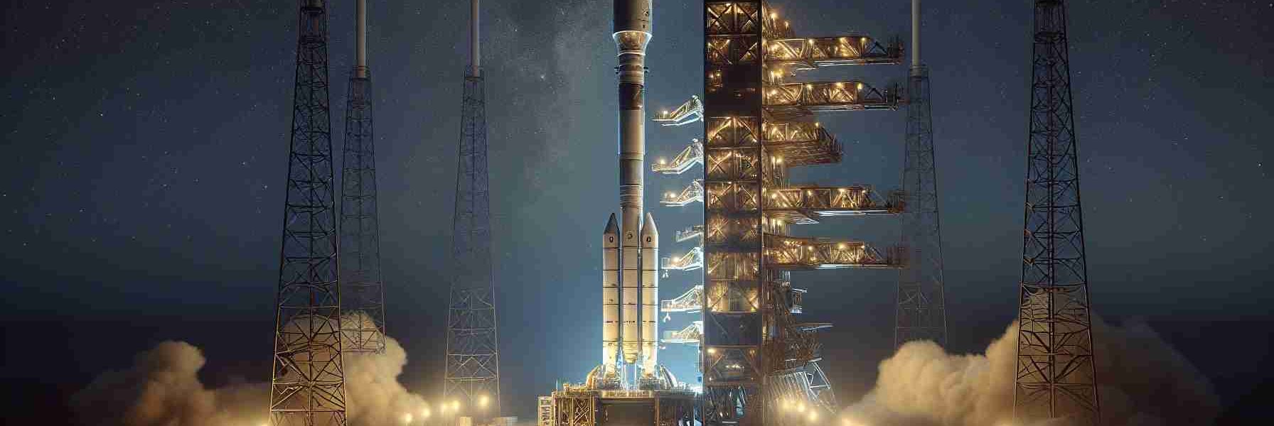 High-definition, realistic photograph of a launch event in October. This event is envisioned as part of a project aiming to expand an imaginary network of satellites, designed for global broadband service. In this scene, the vehicle, reminiscent of designs made famous by private space travel companies, is ready on the launchpad; counts down to a spectacular night lift-off. The sky is a twilight mix of deep blue and black, stars beginning to twinkle. The illumination from the launchpad highlights the metallic sheen of the launch vehicle.