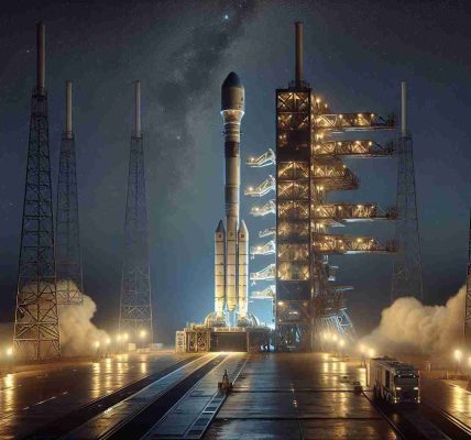 High-definition, realistic photograph of a launch event in October. This event is envisioned as part of a project aiming to expand an imaginary network of satellites, designed for global broadband service. In this scene, the vehicle, reminiscent of designs made famous by private space travel companies, is ready on the launchpad; counts down to a spectacular night lift-off. The sky is a twilight mix of deep blue and black, stars beginning to twinkle. The illumination from the launchpad highlights the metallic sheen of the launch vehicle.