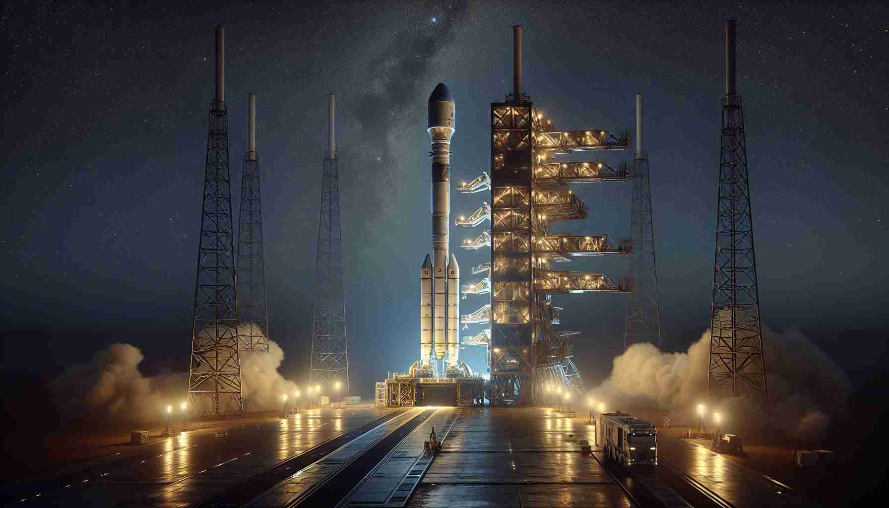 High-definition, realistic photograph of a launch event in October. This event is envisioned as part of a project aiming to expand an imaginary network of satellites, designed for global broadband service. In this scene, the vehicle, reminiscent of designs made famous by private space travel companies, is ready on the launchpad; counts down to a spectacular night lift-off. The sky is a twilight mix of deep blue and black, stars beginning to twinkle. The illumination from the launchpad highlights the metallic sheen of the launch vehicle.