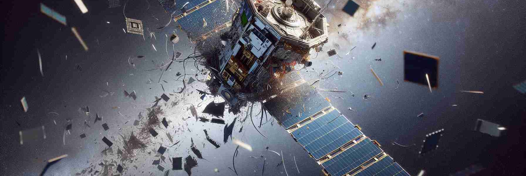 Generate an HD photo realistically portraying a scenario in space, specifically a satellite identified as Boeing’s IS-33e experiencing mishap. This digital machine is malfunctioning and breaking apart while in orbit. The fragments from the former satellite are drifting and scattering in zero gravity, creating a surreal pattern against the backdrop of infinite cosmos. Focus on the details such as panel dents, exposed wires, and punctured modules to create a clear picture of the damage.