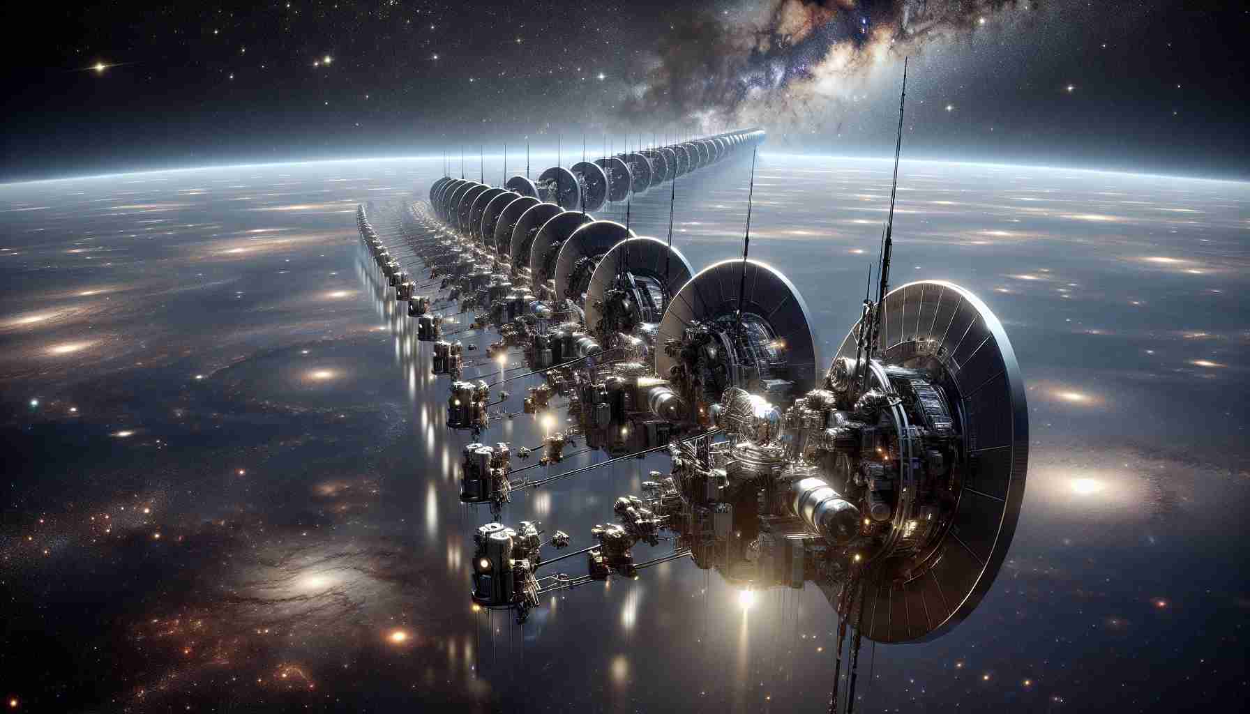 A high-definition, realistic image showing an array of giant Starlink satellites. Visualize them as mechanical marvels filled with complexities yet exhibiting a sleek design in the star-studded canvas of outer space, representing an advanced step in the revolution of satellite internet. The scene is set against the backdrop of the distant cosmos, filled with distant stars, nebulae, and galaxies, teeming with the mysteries of the universe, embodying an atmosphere of unmatched exploration and discovery. The Starlink satellites are cruising in a meticulous formation, resembling a string of shining pearls advancing in the infinite expanse.