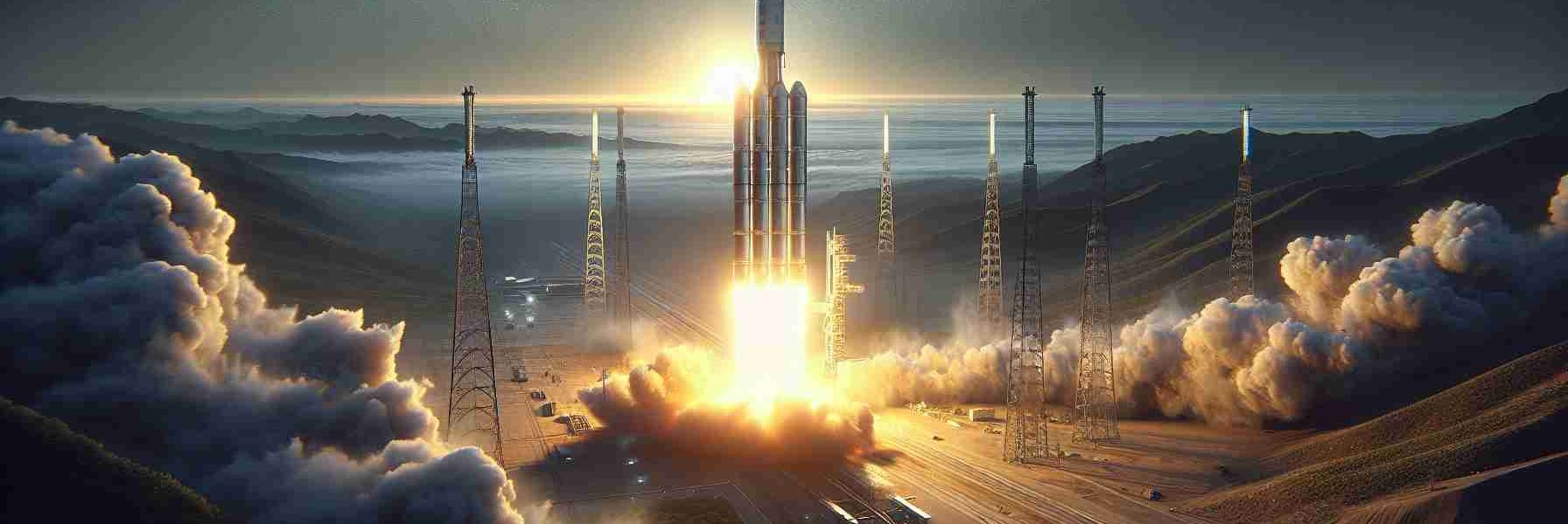 A realistic, high-definition image of a momentous occasion: the successful launch of three satellites. The scene captures the fiery blast of the rocket engines lifting off from a site in China. Surrounding terrain reveals hints of the country's characteristic landscapes. The sky is ablaze with the light of dawn or twilight, reflecting off the metallic surface of the rocket. In the far distance, the satellites can be seen, just moments away from their departure into the inky expanse of space.