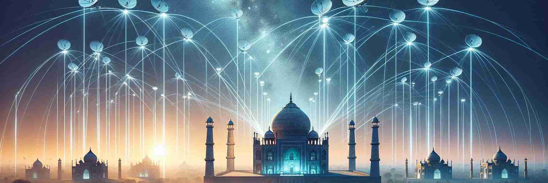 Realistic high-definition image illustrative of new satellite communication technology becoming available in India, signaling the start of a new era for connectivity. Imagine a sky speckled with tiny, distant satellites, the iconic symbol of the country, the Taj Mahal, in the foreground under the night sky. The radiating signals emanating from the satellites, perhaps depicted as lines of light or waves are visible, suggesting the spread of broadband internet coverage over this region.