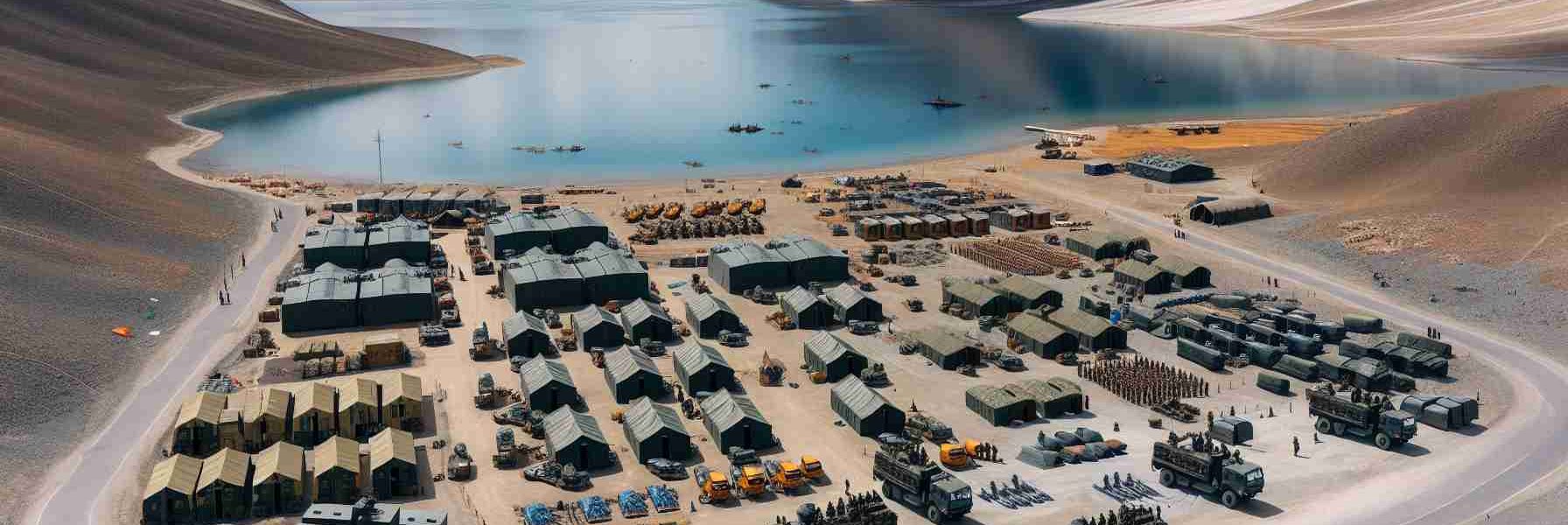 Detailed and high-resolution image of Chinese military structures and vehicles close to a natural lakeside environment, specifically near a location similar to Pangong Lake. The picture should show the military camp with all of its usual elements such as tents, vehicles, personnel walking around, and the positioning of different equipment. In the background, the serene vista of the lake surrounded by high mountains should be clearly visible.