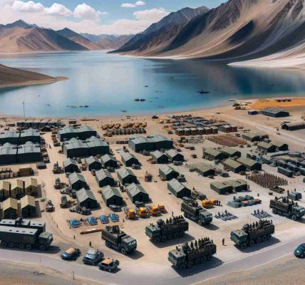 Detailed and high-resolution image of Chinese military structures and vehicles close to a natural lakeside environment, specifically near a location similar to Pangong Lake. The picture should show the military camp with all of its usual elements such as tents, vehicles, personnel walking around, and the positioning of different equipment. In the background, the serene vista of the lake surrounded by high mountains should be clearly visible.