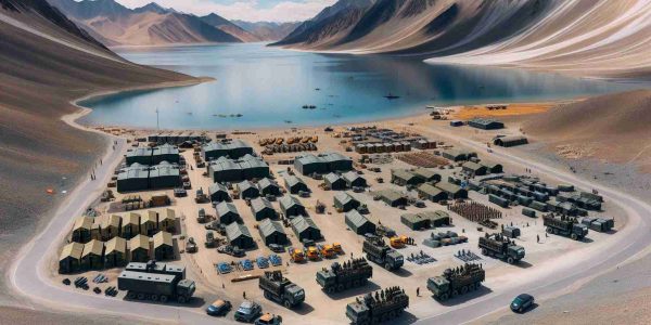 Detailed and high-resolution image of Chinese military structures and vehicles close to a natural lakeside environment, specifically near a location similar to Pangong Lake. The picture should show the military camp with all of its usual elements such as tents, vehicles, personnel walking around, and the positioning of different equipment. In the background, the serene vista of the lake surrounded by high mountains should be clearly visible.