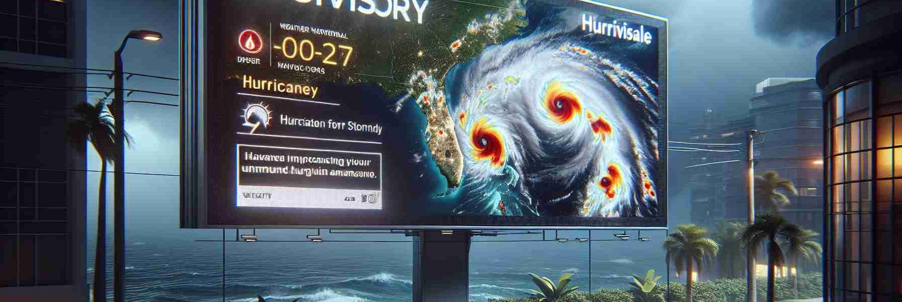 Realistic, high-definition image depicting a travel advisory announcement on a digital display or billboard. The advisory warns about an upcoming hurricane, ideally named 'Milton', that is approaching the coastal region of Florida. The advisory display should be coupled with impactful visual elements such as animated weather graphics or symbols for hurricanes. The surrounding environment may show signs of an impending storm, perhaps with dark stormy clouds, gusty winds, and the odd drop of rain, to depict the looming danger realistically.