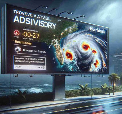 Realistic, high-definition image depicting a travel advisory announcement on a digital display or billboard. The advisory warns about an upcoming hurricane, ideally named 'Milton', that is approaching the coastal region of Florida. The advisory display should be coupled with impactful visual elements such as animated weather graphics or symbols for hurricanes. The surrounding environment may show signs of an impending storm, perhaps with dark stormy clouds, gusty winds, and the odd drop of rain, to depict the looming danger realistically.