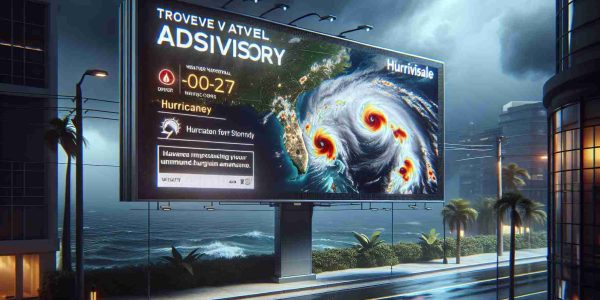 Realistic, high-definition image depicting a travel advisory announcement on a digital display or billboard. The advisory warns about an upcoming hurricane, ideally named 'Milton', that is approaching the coastal region of Florida. The advisory display should be coupled with impactful visual elements such as animated weather graphics or symbols for hurricanes. The surrounding environment may show signs of an impending storm, perhaps with dark stormy clouds, gusty winds, and the odd drop of rain, to depict the looming danger realistically.