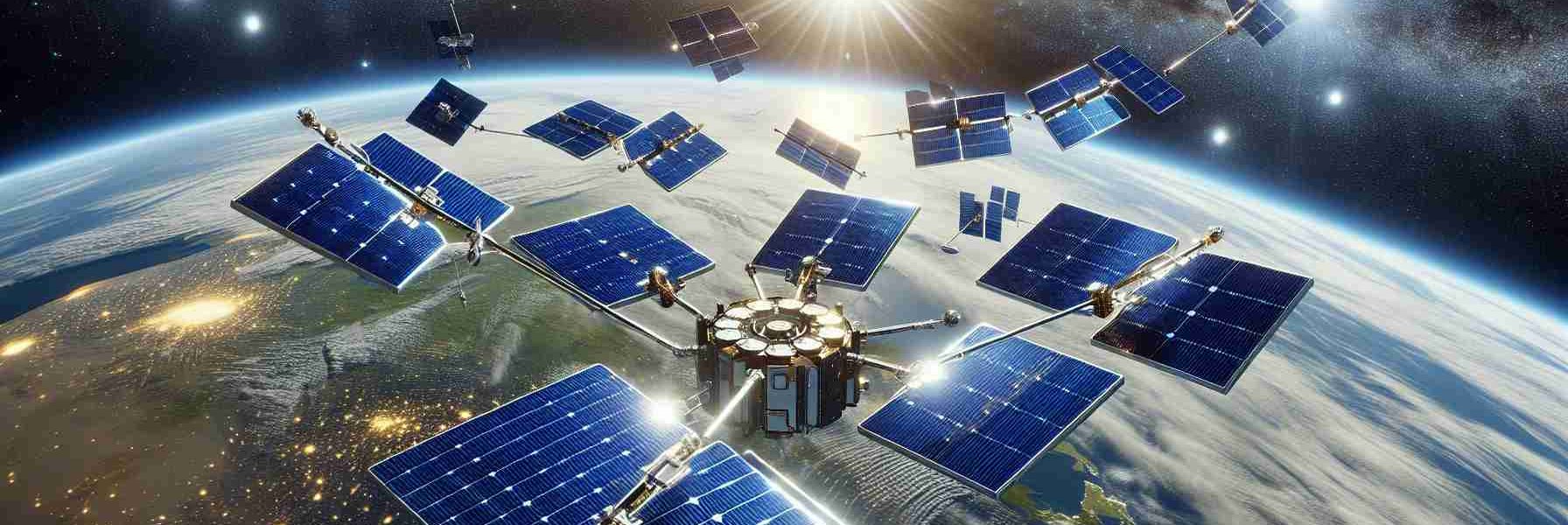 Realistic high-definition image of an innovative concept: space-based solar power harvested using small satellites. The scene should depict a swarm of compact satellites in orbit around Earth capturing sunlight and converting it into energy form, known as Aetherflux. Include radiant sunlight striking the photovoltaic arrays of the satellites, the earth's serene blue sphere as seen from space, and the infinite vastness of the cosmos speckled with innumerable stars.