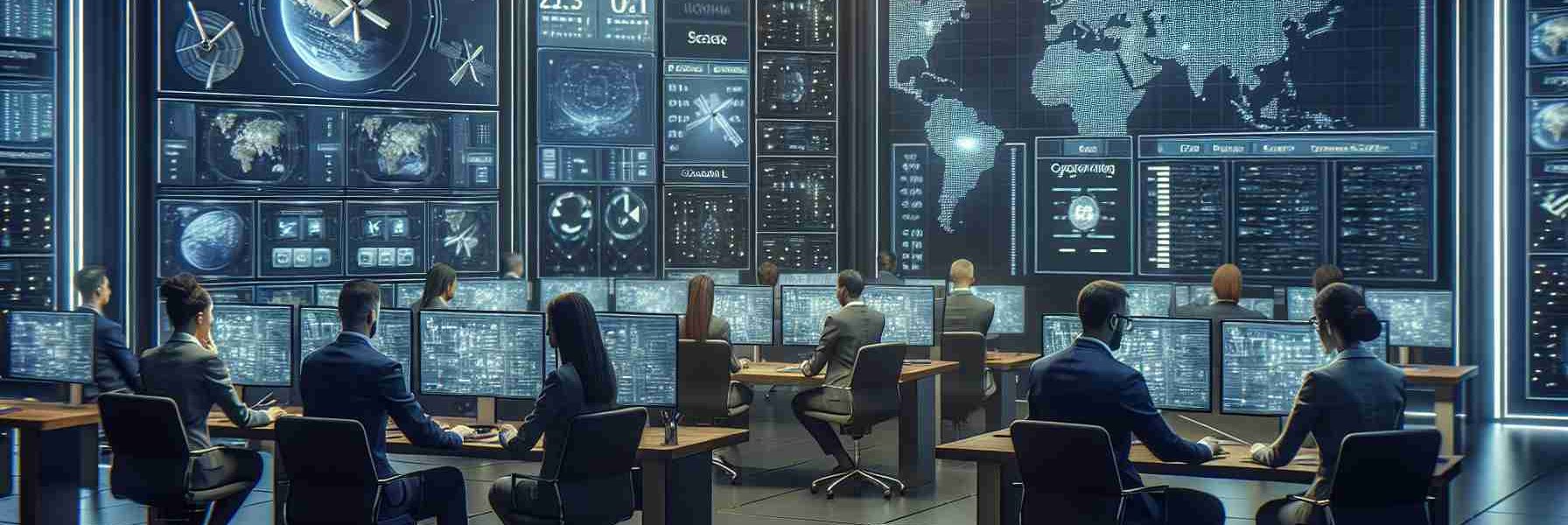 A high-definition, realistic image of an enhanced cybersecurity setup within a satellite communication environment. The scene should showcase a control room filled with multiple screens, showing information regarding satellite signal strengths, geolocation data, and encrypted data transfers. In the room, employees of diverse descents including Caucasian, Hispanic, and South Asian work diligently at their stations. Among them are both male and female cybersecurity experts, analyzing the data and implementing security measures to strengthen the network against potential threats. The overall atmosphere in the room is of focused concentration and urgency to maintain the secure communication.