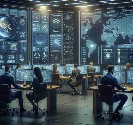 A high-definition, realistic image of an enhanced cybersecurity setup within a satellite communication environment. The scene should showcase a control room filled with multiple screens, showing information regarding satellite signal strengths, geolocation data, and encrypted data transfers. In the room, employees of diverse descents including Caucasian, Hispanic, and South Asian work diligently at their stations. Among them are both male and female cybersecurity experts, analyzing the data and implementing security measures to strengthen the network against potential threats. The overall atmosphere in the room is of focused concentration and urgency to maintain the secure communication.