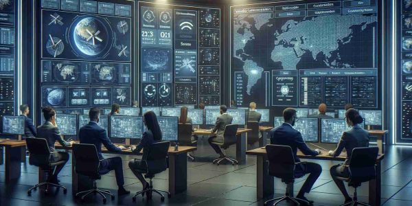 A high-definition, realistic image of an enhanced cybersecurity setup within a satellite communication environment. The scene should showcase a control room filled with multiple screens, showing information regarding satellite signal strengths, geolocation data, and encrypted data transfers. In the room, employees of diverse descents including Caucasian, Hispanic, and South Asian work diligently at their stations. Among them are both male and female cybersecurity experts, analyzing the data and implementing security measures to strengthen the network against potential threats. The overall atmosphere in the room is of focused concentration and urgency to maintain the secure communication.