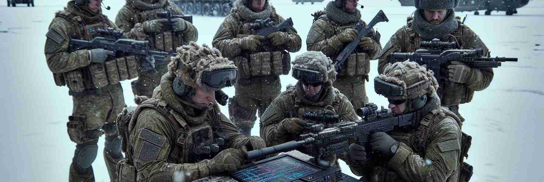 High-definition image of Russian military personnel incorporating advances in equipment obtained from an unregulated market. The scene showcases soldiers in camo uniforms operating state-of-the-art gear against a backdrop of a bleak, snow-covered landscape. The soldiers depicted are of varied sexes and descents, including Caucasian, Asian and Black servicemen and women. The equipment being used speaks of cutting-edge tech, possibly sourced from the black market, aiding to increase their strategic advantage. The general aura is that of solemn discipline, epitomizing military resolve.