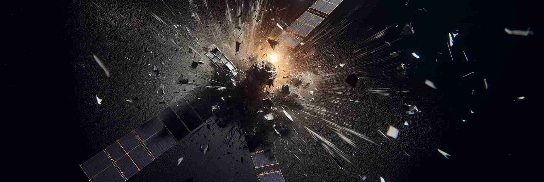 Realistic high-definition image of a satellite experiencing a catastrophic breakup while in orbit. The satellite debris are scattering in different directions against the pitch-black background of outer space. It should show the visually dramatic aftermath of a serious malfunction, complete with raining down fragments, sparks, and illumination against the dark void.