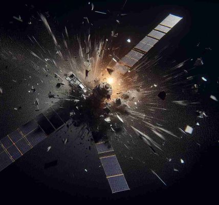 Realistic high-definition image of a satellite experiencing a catastrophic breakup while in orbit. The satellite debris are scattering in different directions against the pitch-black background of outer space. It should show the visually dramatic aftermath of a serious malfunction, complete with raining down fragments, sparks, and illumination against the dark void.