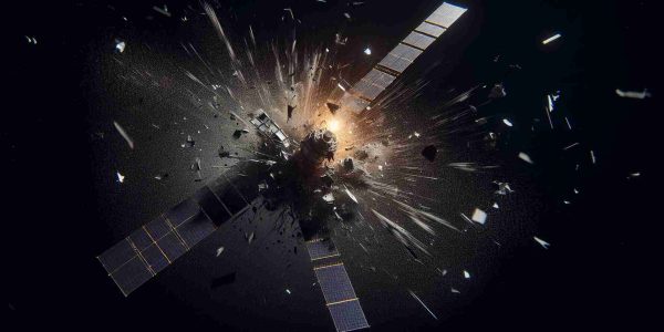 Realistic high-definition image of a satellite experiencing a catastrophic breakup while in orbit. The satellite debris are scattering in different directions against the pitch-black background of outer space. It should show the visually dramatic aftermath of a serious malfunction, complete with raining down fragments, sparks, and illumination against the dark void.