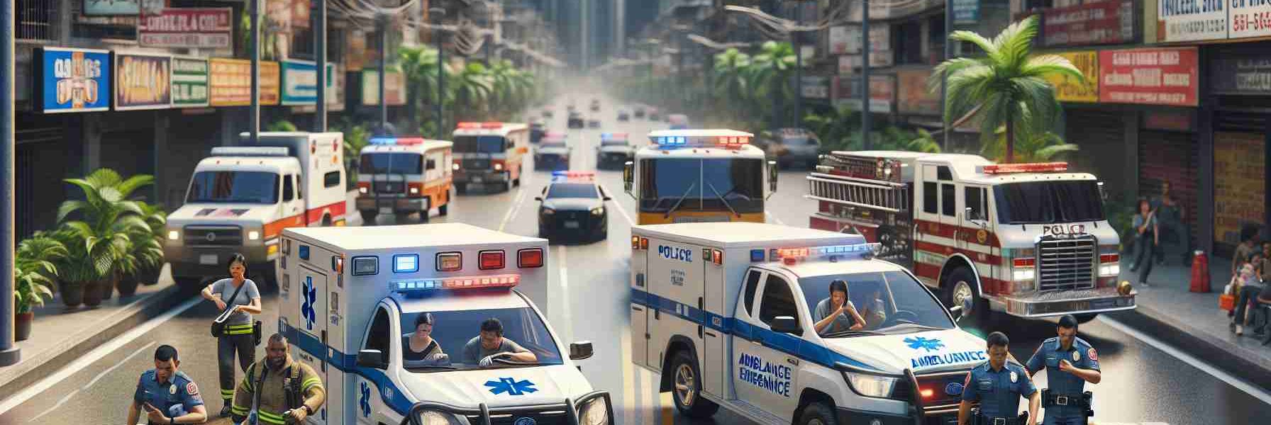 Generate a highly detailed and realistic image presenting a scene from Davao City, showcasing its enhanced emergency services. The scene should include a variety of emergency vehicles such as ambulances, firetrucks, and police cars, oftentimes seen swiftly navigating through the busy city streets. Add personnel in the scene, featuring a diverse community of committed professionals, including a Caucasian male EMT, a Black female police officer, and a Middle-Eastern male firefighter, all engaged in crucial roles to maintain the safety of the city. The scene should portray a sense of urgency and collective effort.