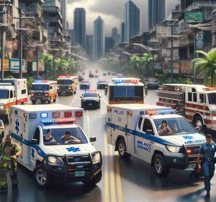 Generate a highly detailed and realistic image presenting a scene from Davao City, showcasing its enhanced emergency services. The scene should include a variety of emergency vehicles such as ambulances, firetrucks, and police cars, oftentimes seen swiftly navigating through the busy city streets. Add personnel in the scene, featuring a diverse community of committed professionals, including a Caucasian male EMT, a Black female police officer, and a Middle-Eastern male firefighter, all engaged in crucial roles to maintain the safety of the city. The scene should portray a sense of urgency and collective effort.