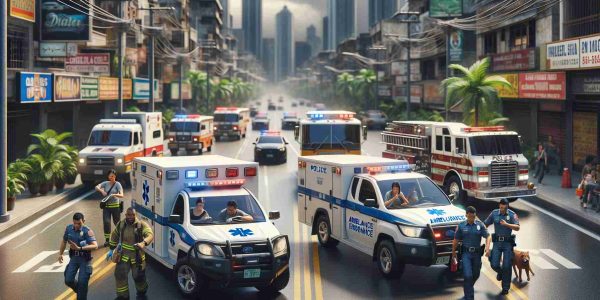 Generate a highly detailed and realistic image presenting a scene from Davao City, showcasing its enhanced emergency services. The scene should include a variety of emergency vehicles such as ambulances, firetrucks, and police cars, oftentimes seen swiftly navigating through the busy city streets. Add personnel in the scene, featuring a diverse community of committed professionals, including a Caucasian male EMT, a Black female police officer, and a Middle-Eastern male firefighter, all engaged in crucial roles to maintain the safety of the city. The scene should portray a sense of urgency and collective effort.