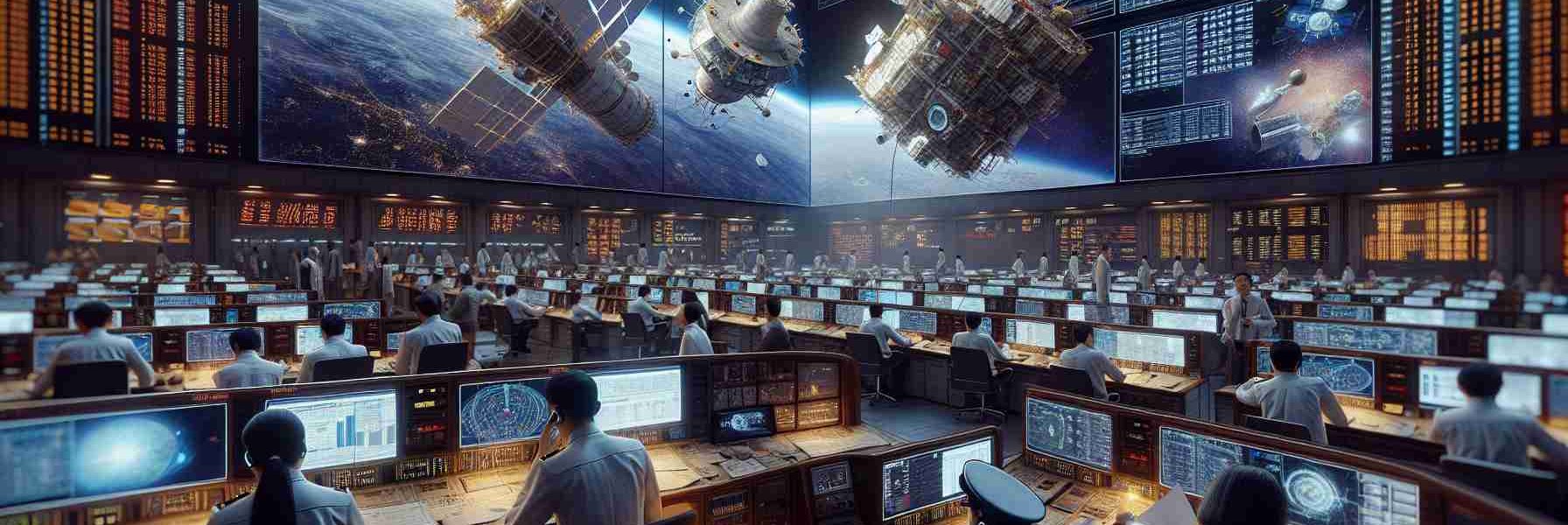 A high-definition, realistic image capturing China's accomplishments in reusable satellite technology. The scene presents a lifelike glimpse into a space mission control center, bustling with activity. Officers of varying descents such as Hispanic, Asian, Caucasian and Black, both men and women, are examining data on large screens and communicating updates through headsets. Prominently featured is a detailed model of a reusable satellite, demonstrating the advanced technology. The atmosphere is electric with the anticipation of a launch, painted with a mix of tension and excitement.