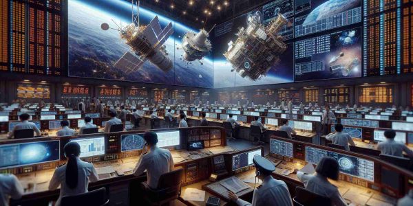 A high-definition, realistic image capturing China's accomplishments in reusable satellite technology. The scene presents a lifelike glimpse into a space mission control center, bustling with activity. Officers of varying descents such as Hispanic, Asian, Caucasian and Black, both men and women, are examining data on large screens and communicating updates through headsets. Prominently featured is a detailed model of a reusable satellite, demonstrating the advanced technology. The atmosphere is electric with the anticipation of a launch, painted with a mix of tension and excitement.