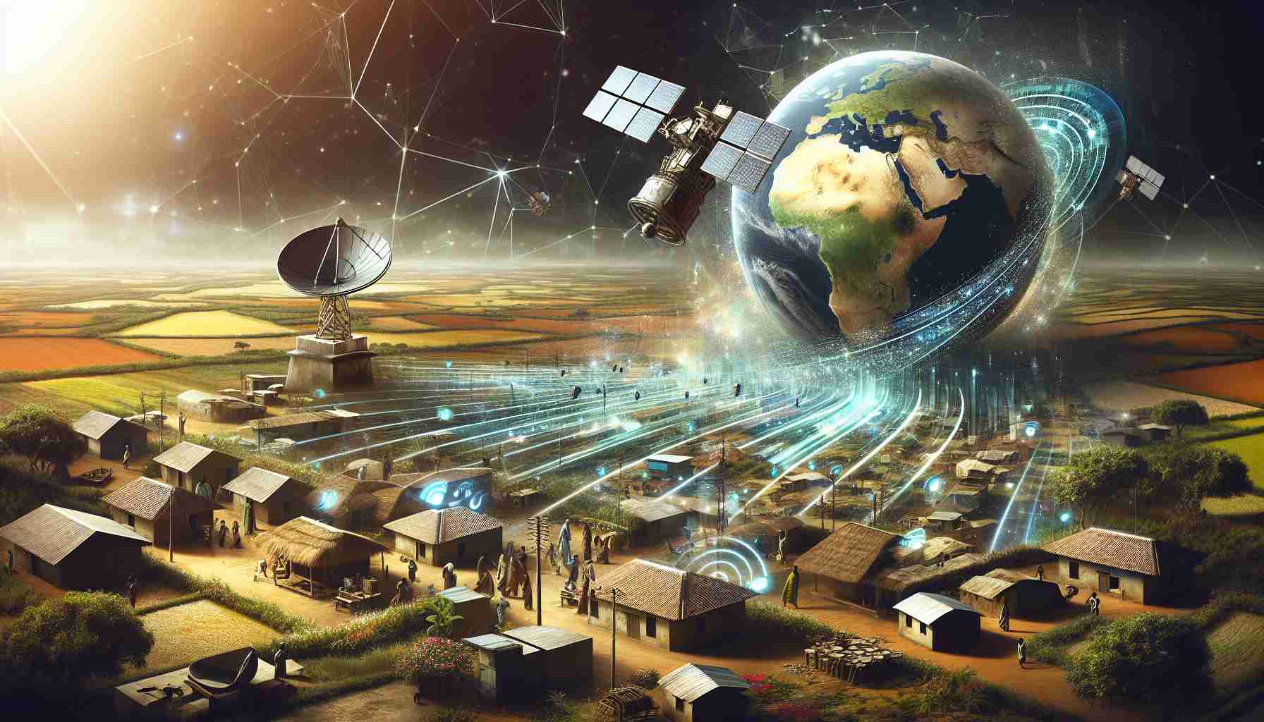 An imagery representation of enhancing connectivity in West Africa via a new initiative by a satellite telecommunications company. The scene includes a spectrum of satellite connections spread over the West African landscape, with digital waves connecting remote areas signifying boosted connectivity. Incorporate different elements such as satellite dishes on rooftops, people using devices with improved internet speed, and an overhead view of a satellite orbiting the earth. Try to capture the essence of technological advancement in this region.