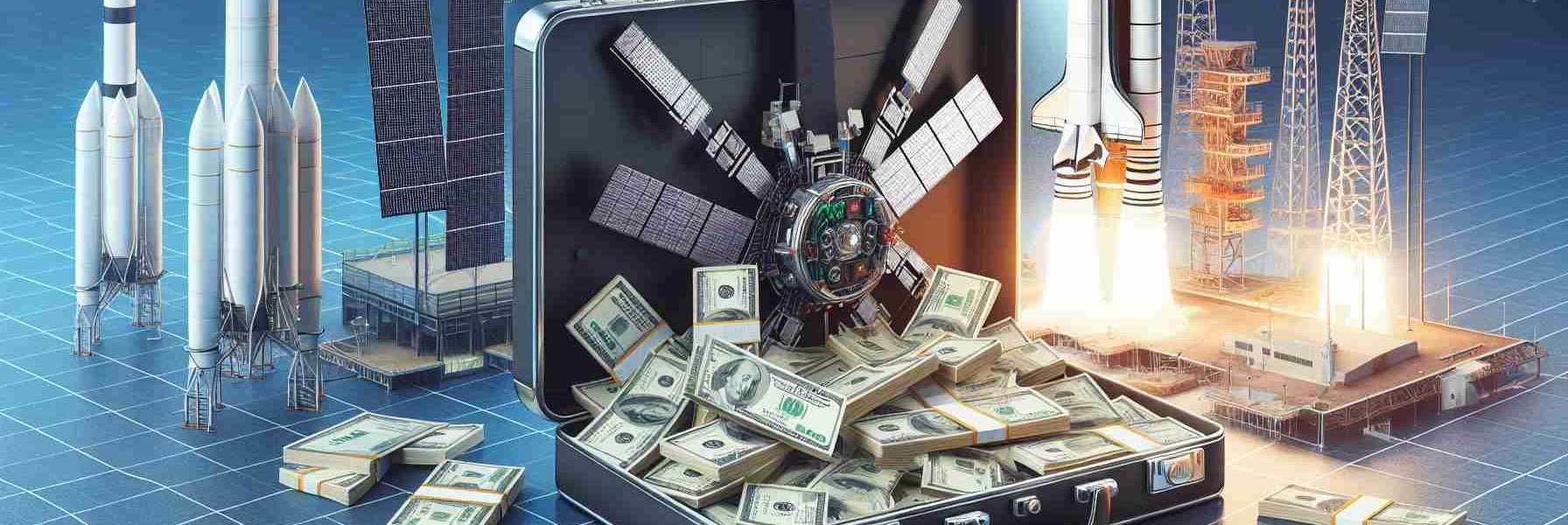 Realistic high-definition illustration of a conceptual scene where a large sum of money, denoted as $733.5 Million, is secured for satellite launch initiatives. Include a symbolic briefcase full of currency, space satellite models, and a launchpad in the background, to indicate the purpose of the funding.