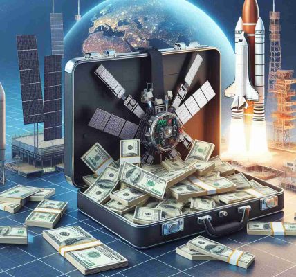 Realistic high-definition illustration of a conceptual scene where a large sum of money, denoted as $733.5 Million, is secured for satellite launch initiatives. Include a symbolic briefcase full of currency, space satellite models, and a launchpad in the background, to indicate the purpose of the funding.