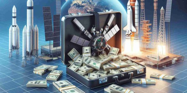 Realistic high-definition illustration of a conceptual scene where a large sum of money, denoted as $733.5 Million, is secured for satellite launch initiatives. Include a symbolic briefcase full of currency, space satellite models, and a launchpad in the background, to indicate the purpose of the funding.