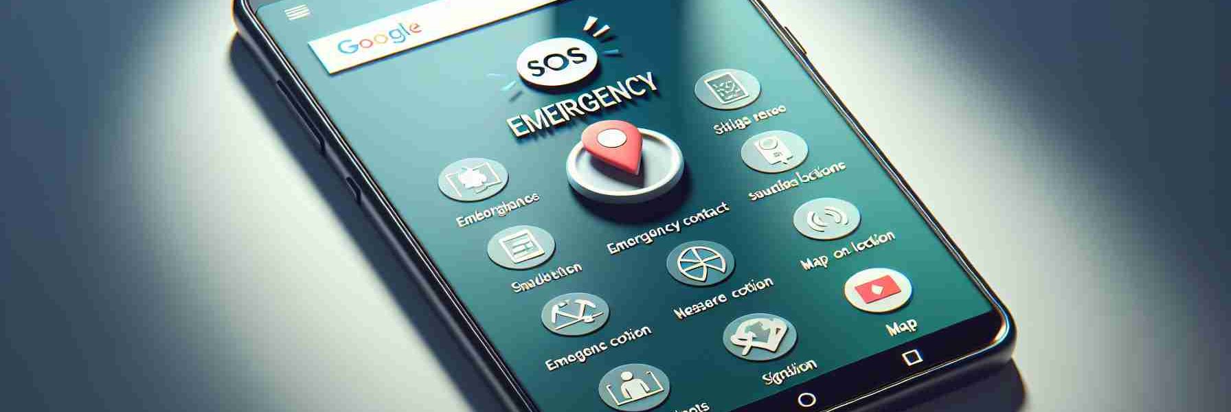 Generate a realistic, high-definition image that visually represents the Emergency SOS feature on Android devices. The image should ideally show an Android smartphone with its screen displaying a detailed interface of the Emergency SOS function. We see the necessary buttons and indicators on the screen, such as an emergency contact icon, SOS signal, map location and instruction texts. Shadows, reflections and lighting of the phone and screen should be rendered realistically. The background is simple but elegant, ensuring the focus remains on the phone and its features.