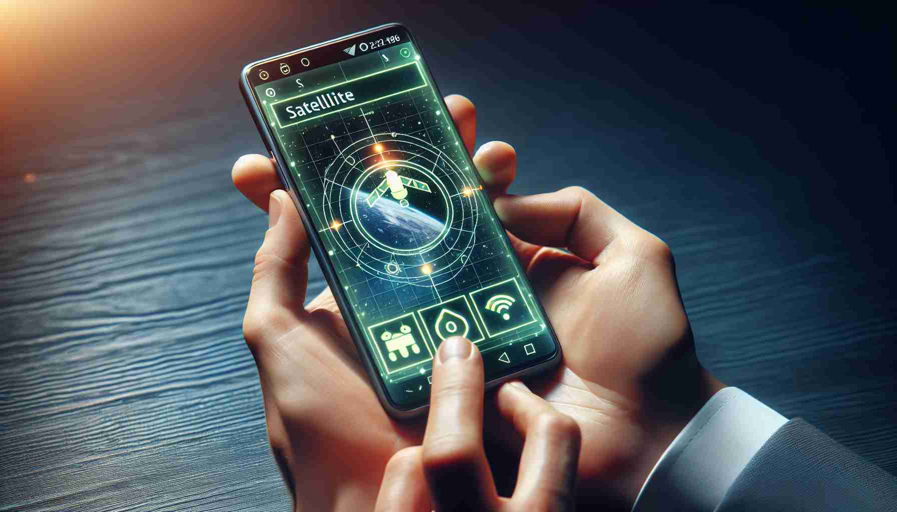 High-definition image demonstrating a new feature of android smartphones. This feature is designed to facilitate emergency communications through satellite SOS connectivity. Two hands are holding an android device, with the screen turned on, showing an icon suggestive of satellite connectivity on the touchscreen. The interface layout shows noticeable SOS buttons that one can press during emergencies.